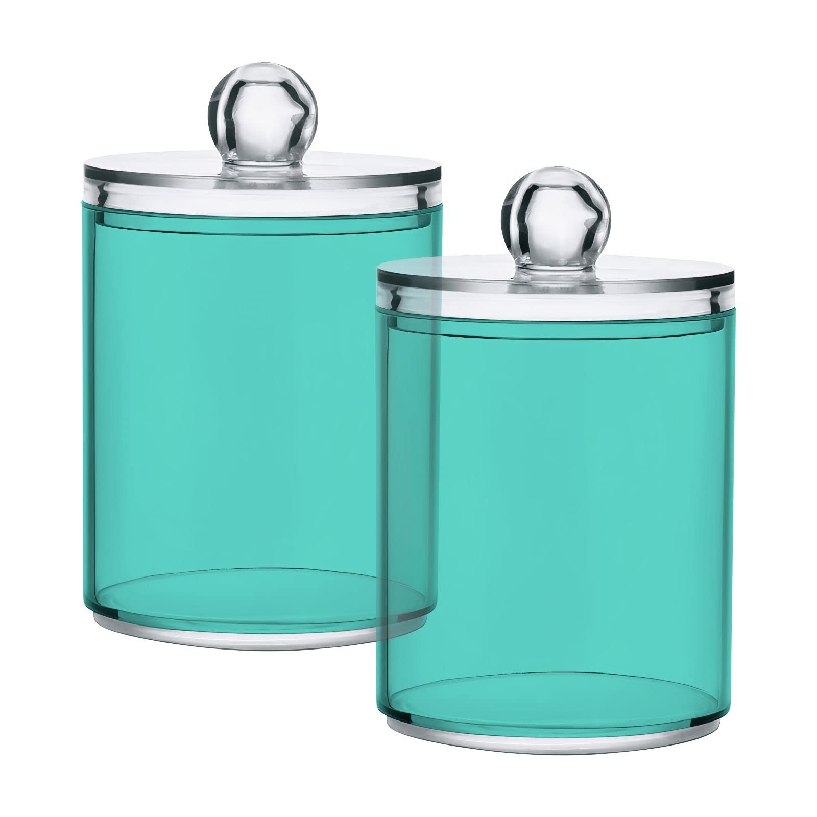 Turquiose Teal Qtip Dispenser Apothecary Jars Bathroom Qtip Holder Storage Canister 10 Oz Plastic Jar for Cotton Ball Swab Round Pads Floss 2pcs