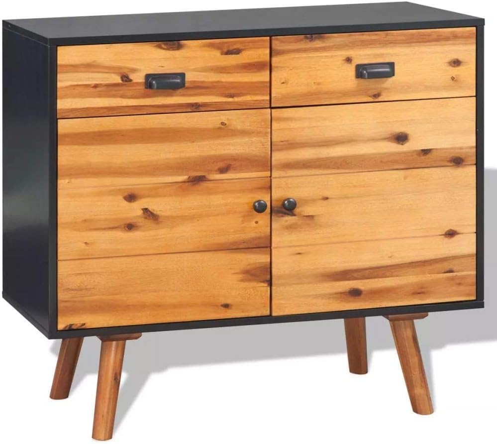Quick Artsy Sideboard Solid Acacia Wood Furniture Cabinets & Storage Buffets & Sideboards Pinewood Chest of Drawers, Black and Brown.