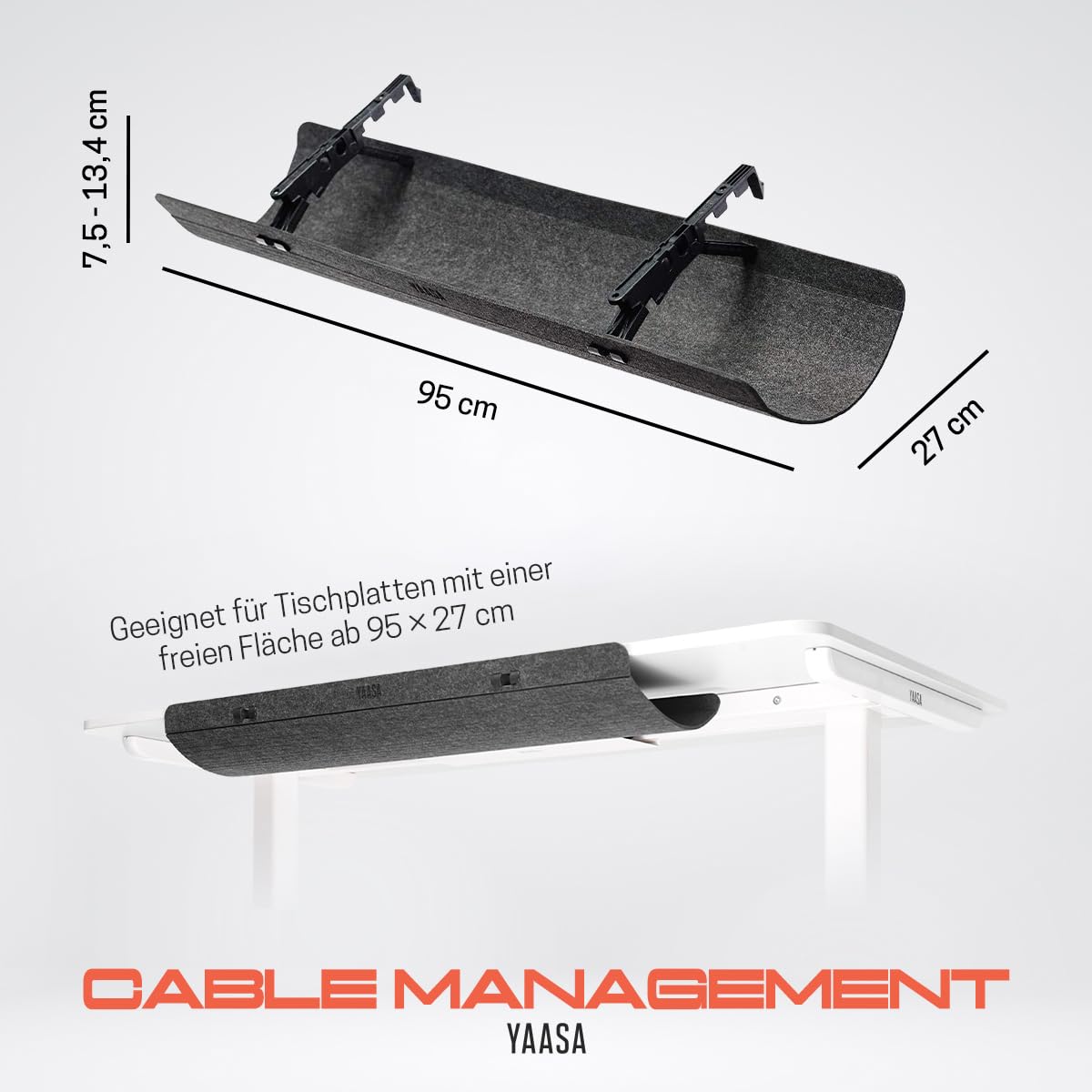 Yaasa Cable Management S/M, Kabelkanal aus Filz, Grau, Desk Organizer Büro | 9-15L Volumen anpassbar, Montage under desk oder over edge ohne Bohren, für sauberen Arbeitsplatz, Kabelorganisation Tisch