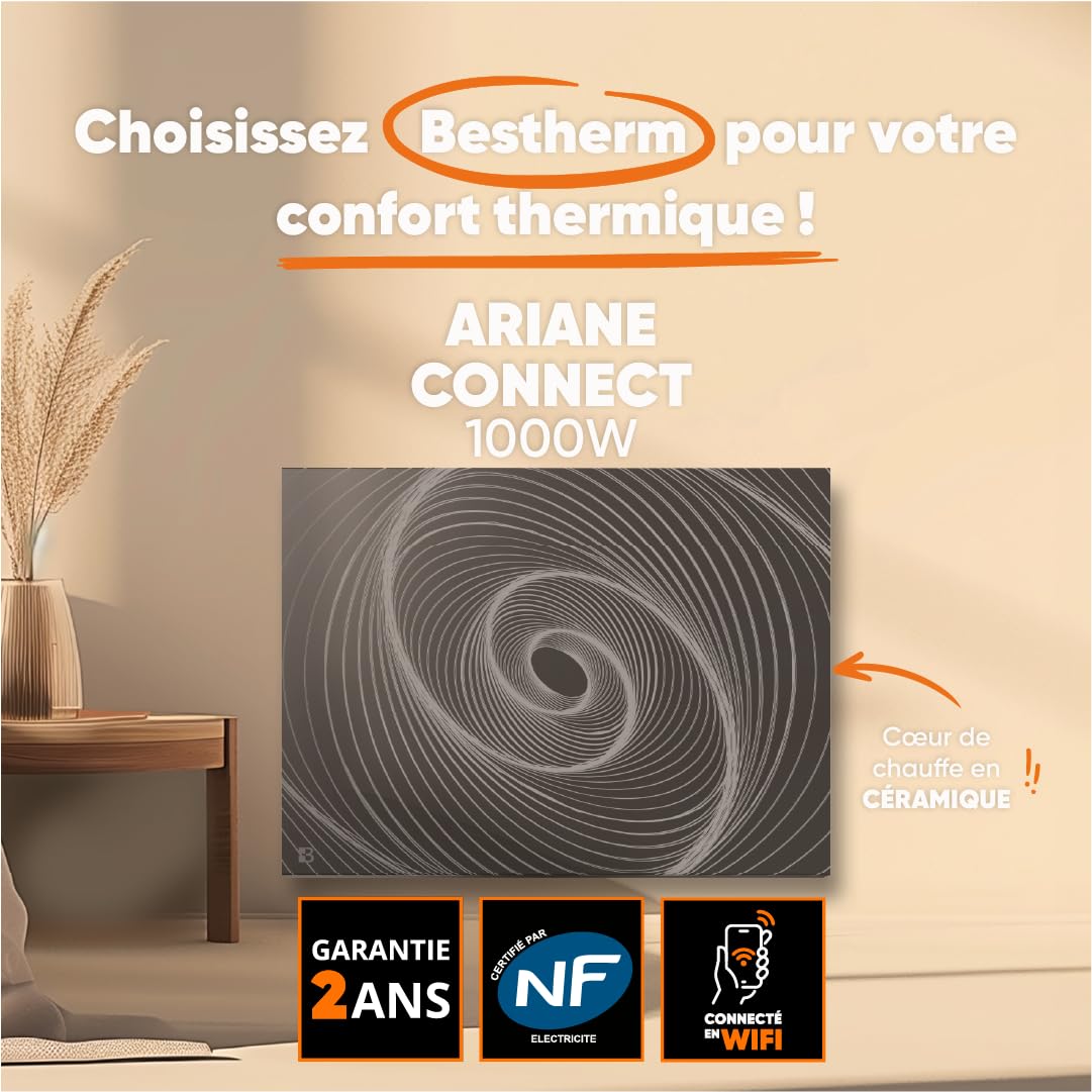 BESTHERM - Stały grzejnik elektryczny podłączony WIFI z ceramiczną bezwładnością 1000 W Bestherm ARIANE CONNECT pozioma konstrukcja czarna