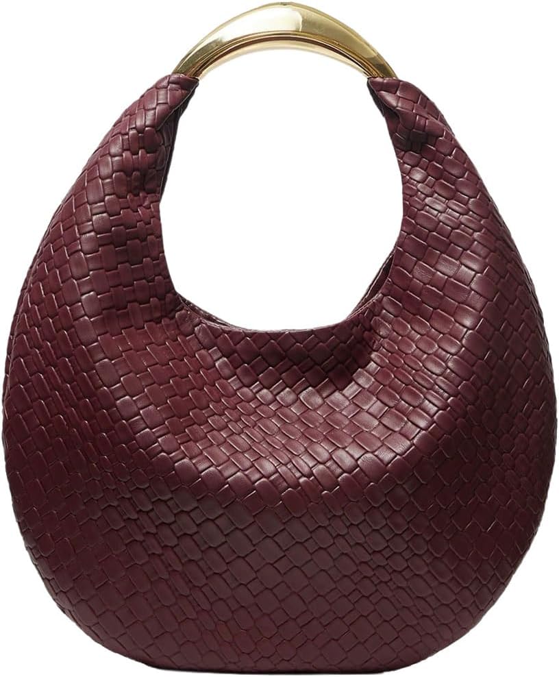 QWINEE Women's Woven Handbag Elegant Clutch Purse Metal Top Handle Cresent Evening Bag Retro PU Leather Clutch Purse