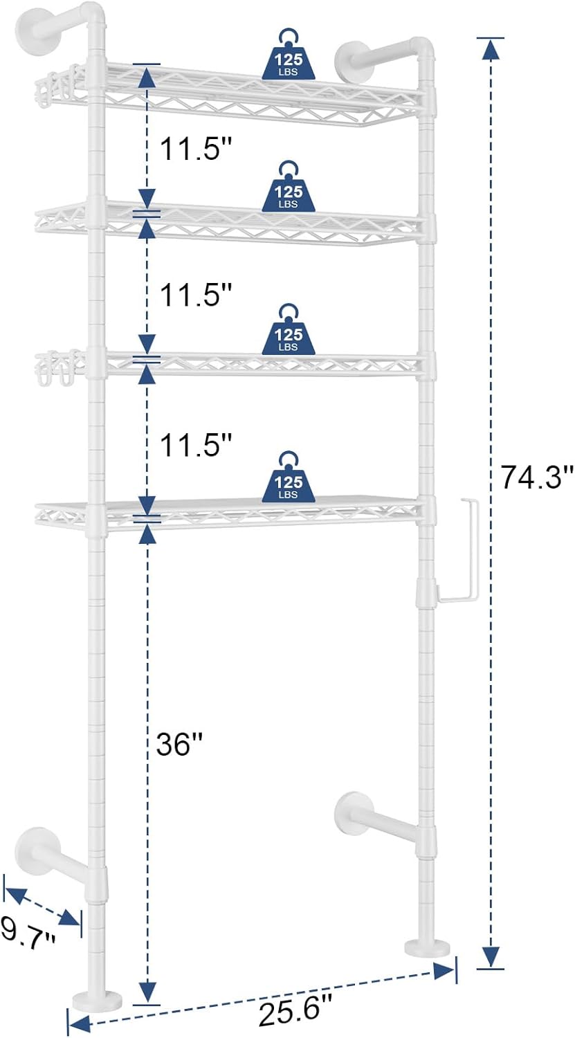 k3 wall mounted 4-tier over the toilet storage?metal above toilet storage with paper hook?over toilet bathroom organizer with adjustable shelf?above toilet rack 9.7"d x 25.6"w x 74.3"h?white