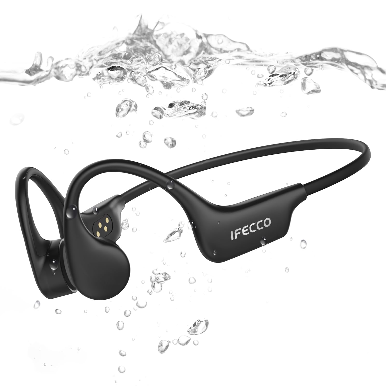 IFECCO Casque Conduction Osseuse Natation Bluetooth 6.0 (Noir) | IP68 Étanche Ecouteur Waterproof Écouteurs Ouverts sous l'eau avec MP3 8G pour Course à Pied, Cyclisme, Sport