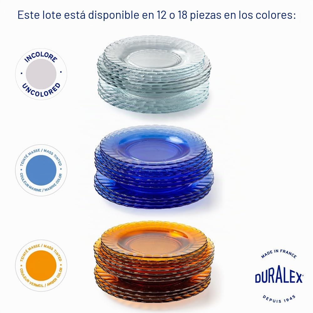 Duralex® Colección Le Picardie® | Plato ondulado de cristal - Cena 23 cl, sopa 23 cl y postre 20,5 cm | Resistente a los arañazos, apto para lavavajillas y microondas, fabricado en