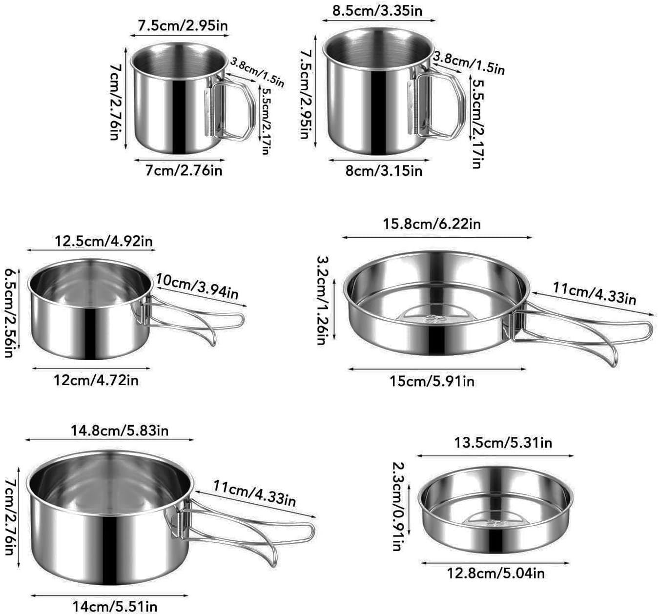 Portable Cookware Set 6PCS Stainless Steel Outdoor Camping Kitchenware Rapid Heating Easy to Clean Multifunctional Pan Pot Plate Tableware for Camping Hiking