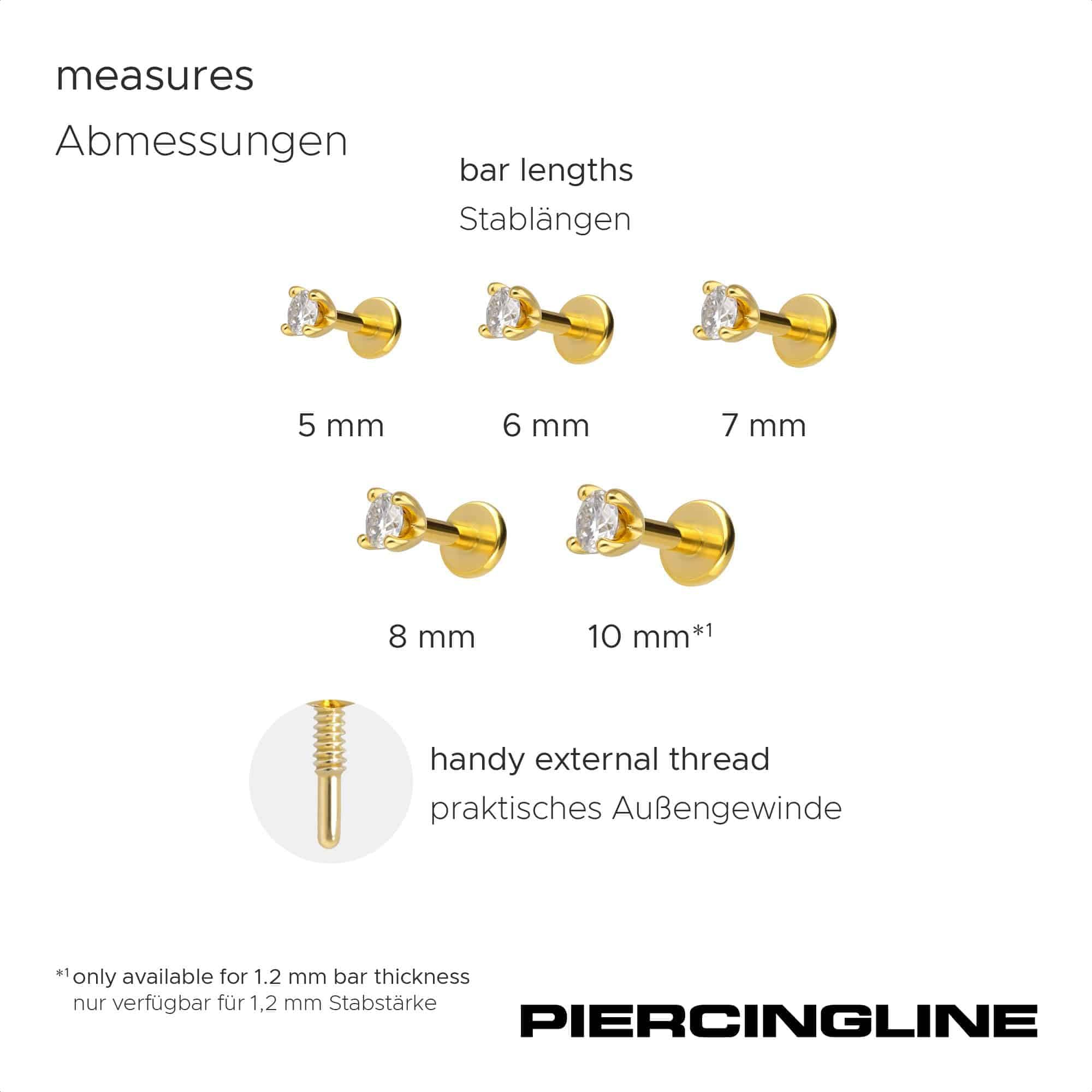 PIERCINGLINE Piercing Stecker Titan Labret mit Innengewinde + 925er Silber Aufsatz MOISSANIT - Goldfarben, Silberfarben