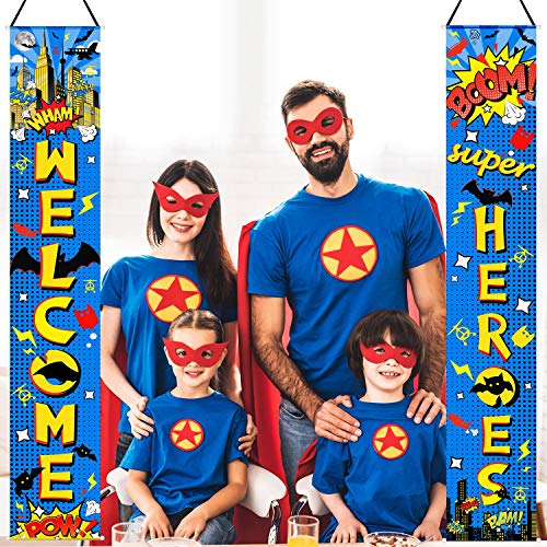 Hero Decorations Hero Backdrop Hero Porch Sign Banners Welcome Hanging Hero Decoration for Super Fun Hero Party Wall Decoration Door Action Door Sign (Blue Hero)