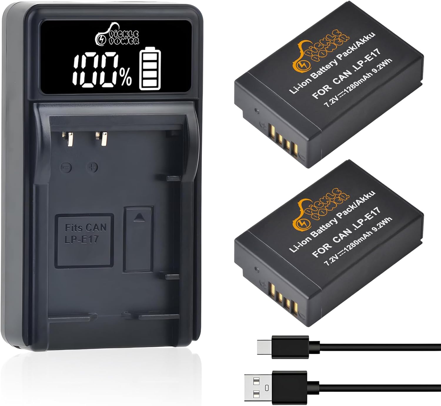 Pickle Power LP-E17 Battery 2-Pack and LED USB Charger for Canon EOS R50 R8 R10 RP, Rebel T8i T7i T6i T6s SL2 SL3, EOS M3, M5, M6, 200D, 77D, 750D, 760D, 800D, 8000D, KISS X8i Camera