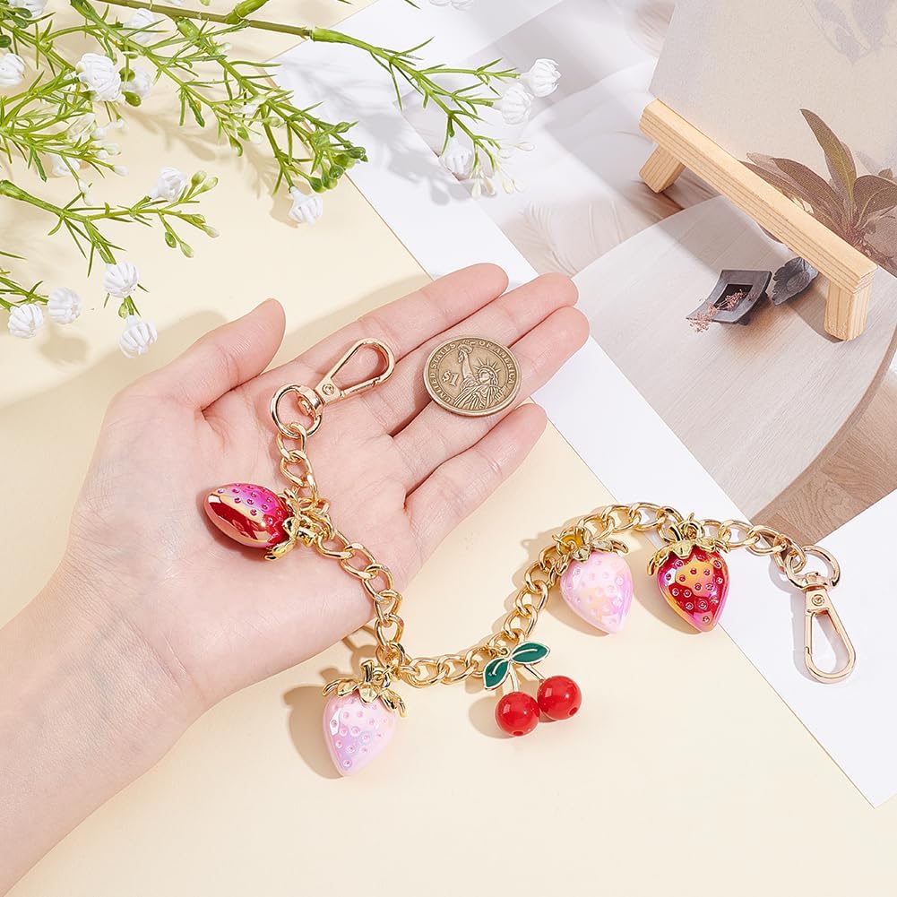 Beebeecraft Strawberry Decorative Bag Chain 12 Inch Alloy Short Gold Purse Extender Chain Red Enamel 3D Strawberry Cherry Pendant Bag Handle with Swivel Clasps for Handbag Clutch Tote Wallet Extension - Image 3