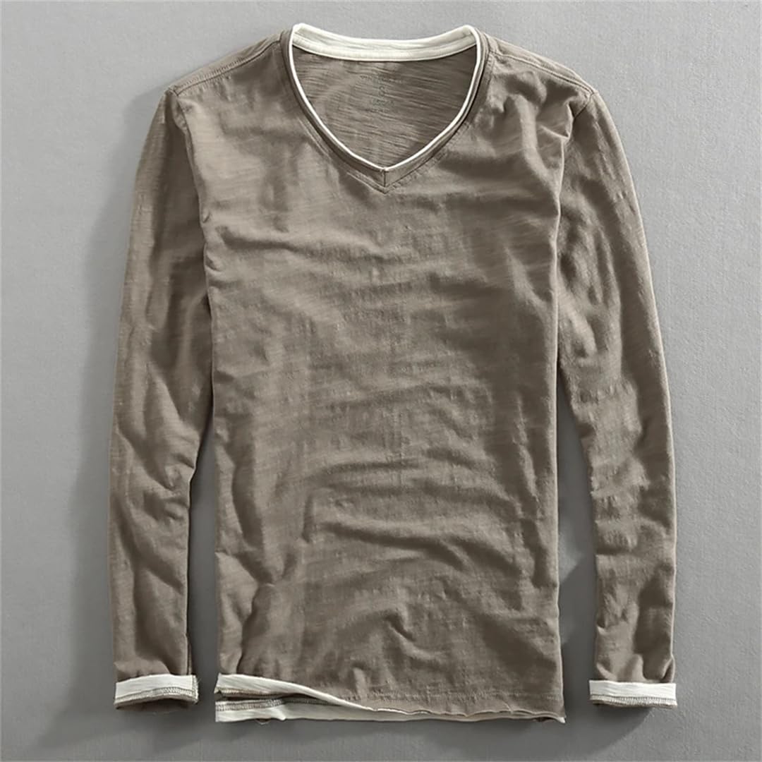 Maglietta da uomo in stile vintage con scollo a V, a maniche lunghe, look a strati, leggera, traspirante, traspirante