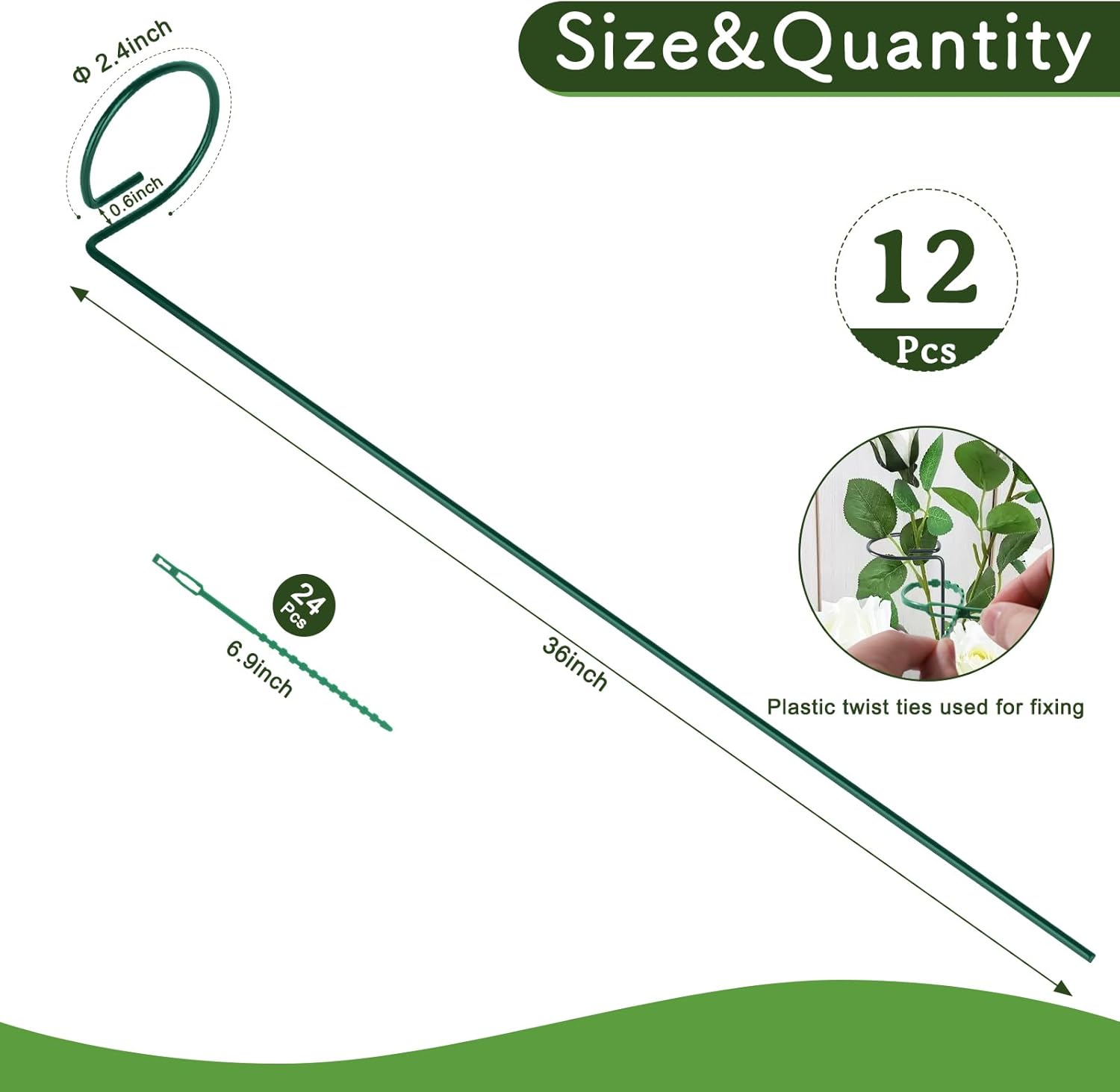 FEED GARDEN 36 Inch 12 Pack Plant Support Stakes, Metal Garden Flower Stakes and Supports for Outdoor Plants, Plant Stem Support with 24 Twist Ties for Amaryllis Lily Rose Peony Tomatoes Gladiolus 12 36 Inch
