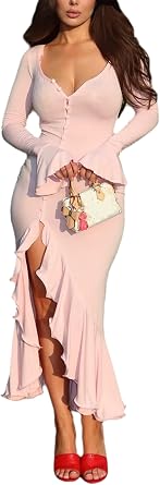 acelyn Womens Sexy Bodycon Maxi Dress Elegant Flared Long Sleeve V Neck Ruffle Hem Wedding Guest Cocktail Party Dress