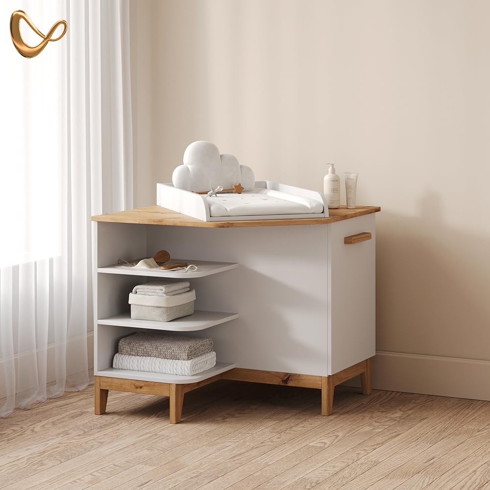 Livinity Commode à Langer Mailo, Blanc/Artisan, avec porteEspace de Jeu et de Lecture avec Un Facteur de Confort