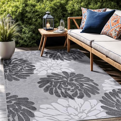 Luul Home Floral Indoor Outdoor Rugs 10x14 Large Area Rug for Living Room, Patio Decor, Kitchen, and Entryway Rug, Washable Stain Resistant Outside Carpet Gray 10 x 14
