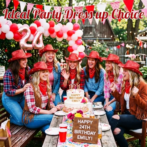 Image of Coume 12 Pcs Sparkly Adults Cowboy Hat and Bandanas Women Men Western Glitter Cowgirl Party Hats with Adjustable Drawstring