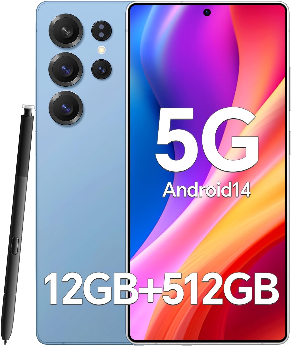 Unlocked Phones M25 Build-in Pen, Android 14.0 Smartphone, 5000mAh Long Battery,12GB+512GB Unlocked Cell Phone, 48+108MP Camera, Dual SIM, 6.9“ HD Screen, Face ID/GPS/WiFi,Blue