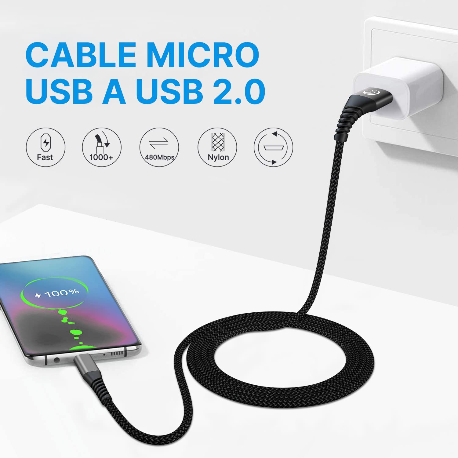 Cavo micro USB 2M Confezione da 2 cavi di ricarica Android in nylon intrecciato per ricarica rapida Micro USB per Samsung Galaxy S7 Edge S6 S5 J7 J6 J5 J3, PS4, Xbox