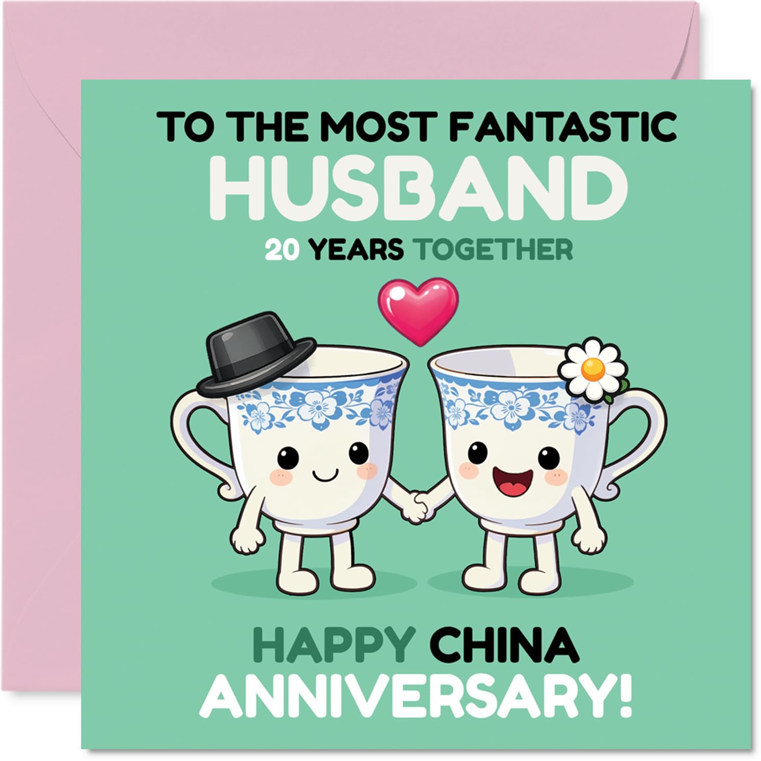 Cute 20th Anniversary Card for Husband - 20 Years of Cuppa Love - Playful Cups Couple Illustration - 145mm Square, Envelope Included