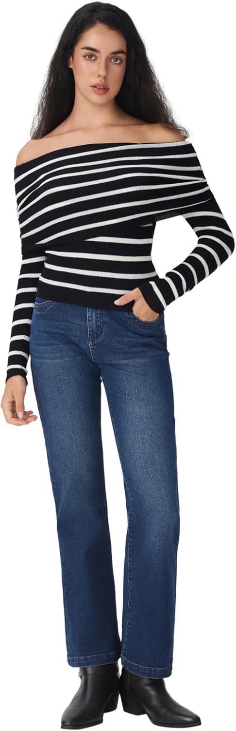 CIDER Striped Off The Shoulder Long Sleeve Knit Sweaters Going Out Fall Tops - Image 2