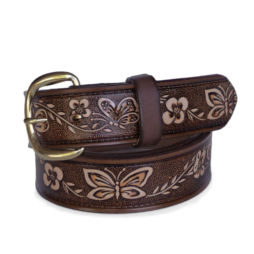 R.G. BULLCO - USA Made - 1-1/2" Full Grain Women's Leather Belt with Butterfly Embossed Finish and Chrome Buckle - Brown - Size 34 - RGB-5517