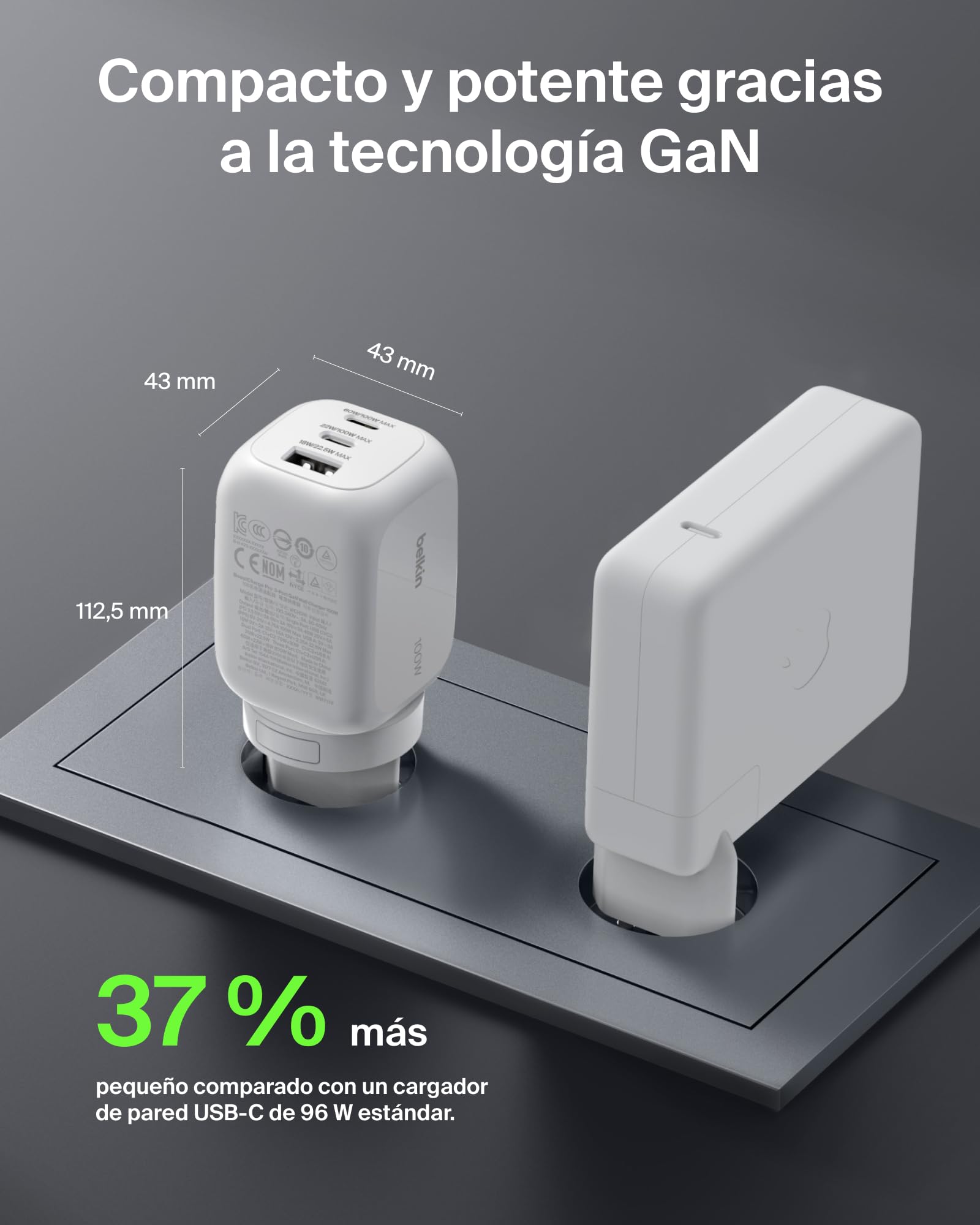 Belkin Cargador USB-C, 3 Puertos, Cargador GAN de 100 W, 2 USB-C y 1 USB-A, Enchufe EU, UK, USA, Carga Rápida para MacBook, iPhone, iPad Pro, Samsung Galaxy, Google Pixel, etc - Blanco