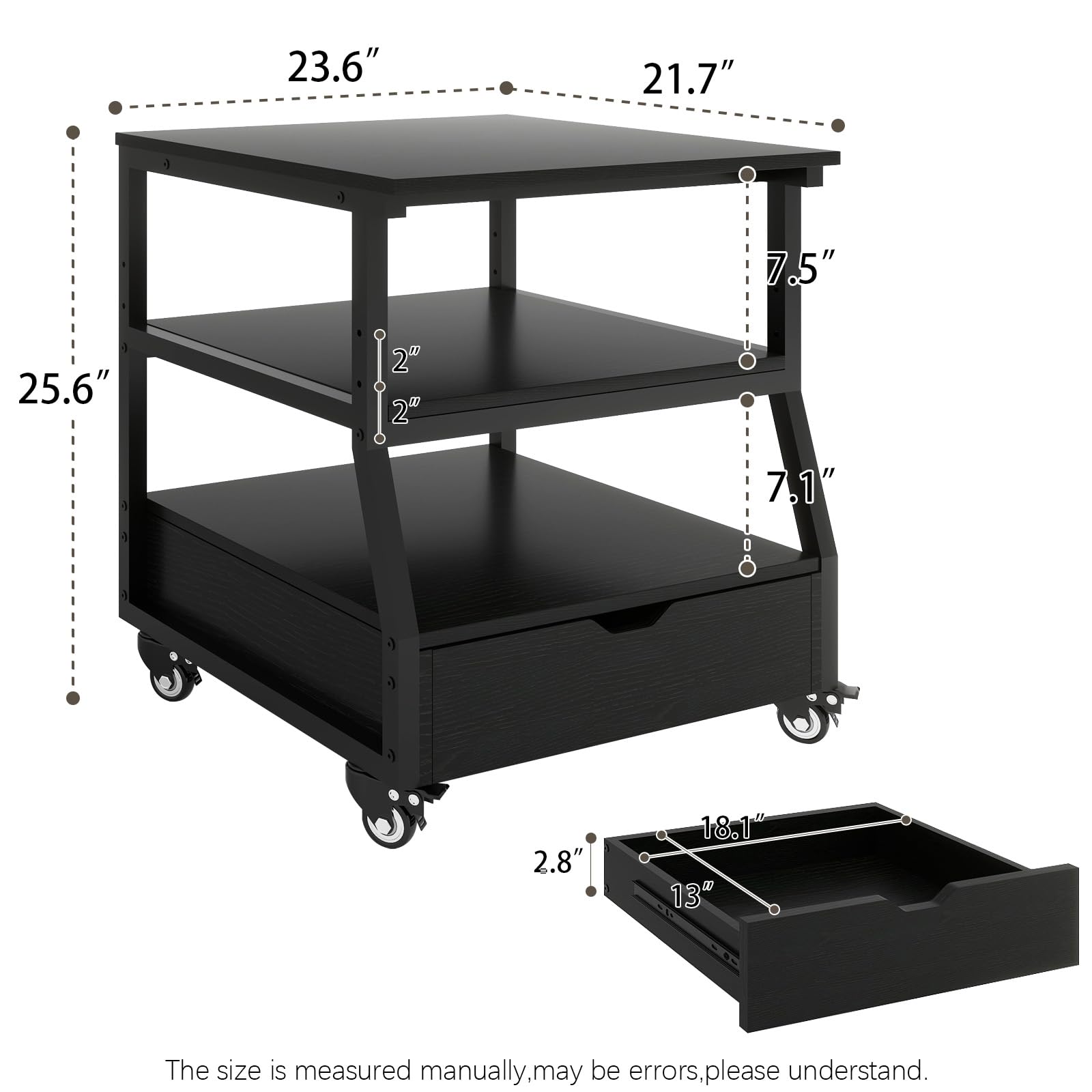 Mini soporte para refrigerador de 23.6 x 21.7 pulgadas con almacenamiento de gran capacidad, carrito de refrigerador resistente con cajones, mesa móvil para refrigerador de bebidas con ruedas, 2