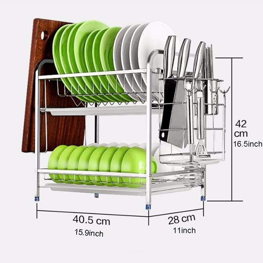 Geschirrkorb Dish Wschetrockner 304 Edelstahl 2 Tier Abtropfbrett mit Abtropffläche, Utensil Halter, Schneidebrett Halter, Messer und Bänkchen Dish Drainer for KücheCountertop Geschirr Abtropfgestell