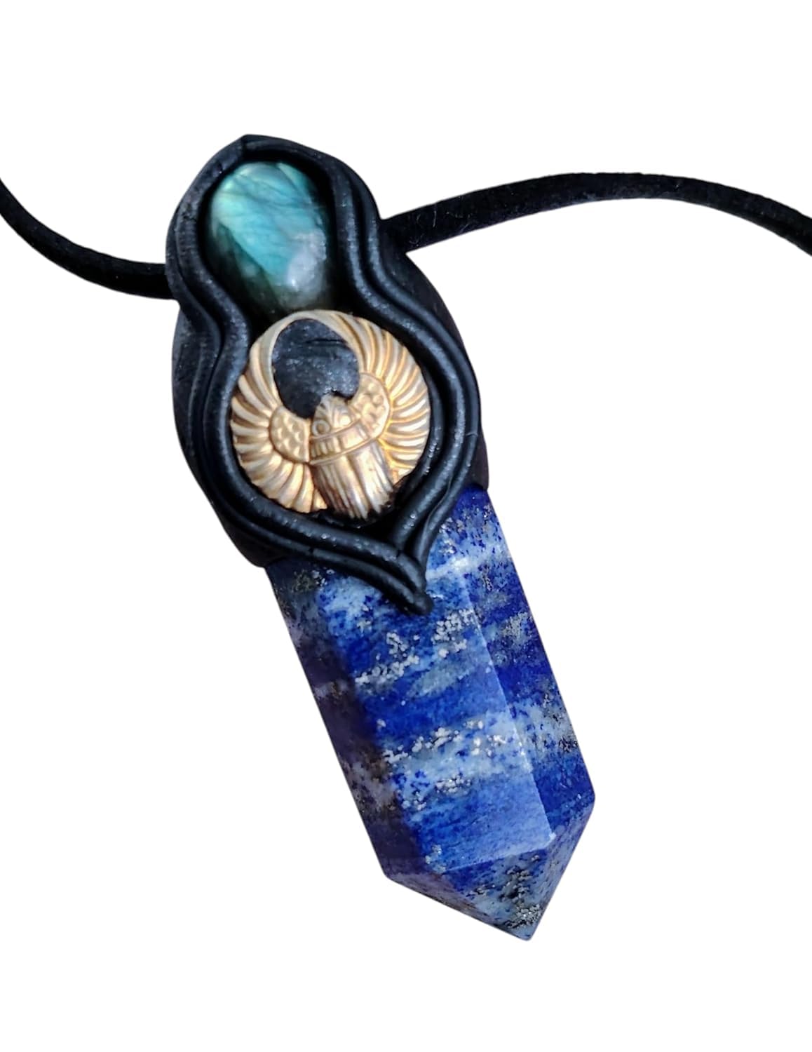 | Egyptian Scarab Amulet Necklace | Lapis Lazuli and Moonstone Pendant | Winged Gold Beetle Jewelry | Good Luck and Protection Egypt Magic (Lapis Labradorite)