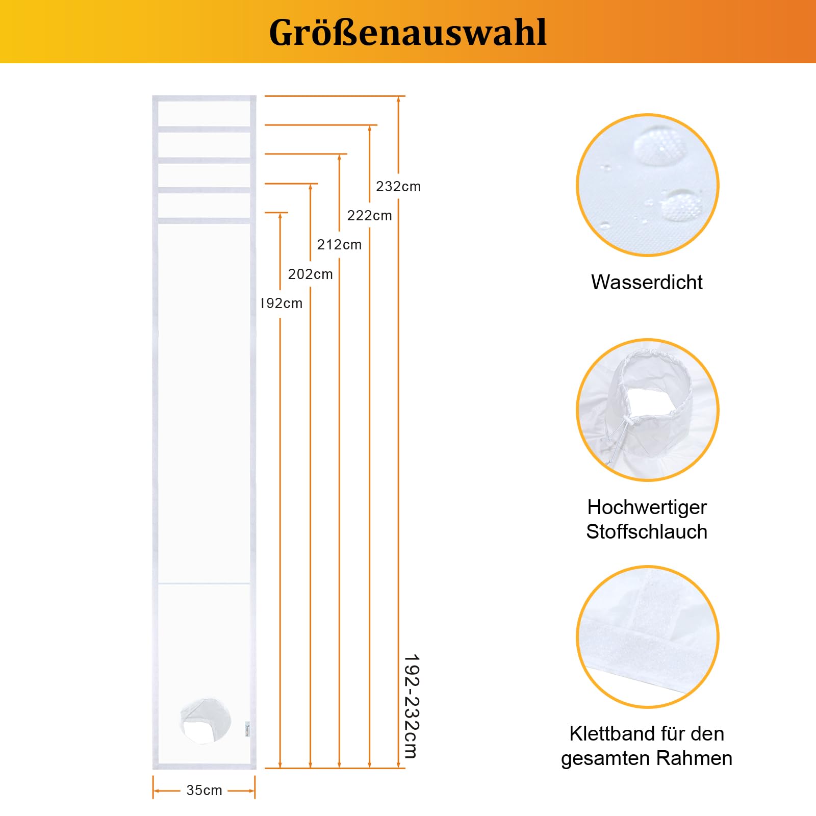 HOOMEE Türabdichtung für Mobile Klimaanlagen mit Angenähter Abluftschlauch Verlängerung für Erhöhte Kühlleistung, Zum Anbringen an vertikalen Schiebetüren, Auf 4 Längen Zuschneidbar, 232x35cm