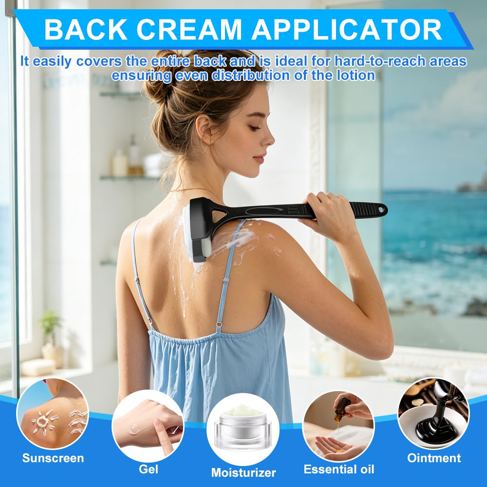 NAVESO Aplicador de Crema para la Espalda Plegable, 46.5cm Aplicador de Loción para la Espalda con 2 Cabezales Intercambiables & Mango Plegable, Aplicador Crema Solar para Protector Solar, Loción