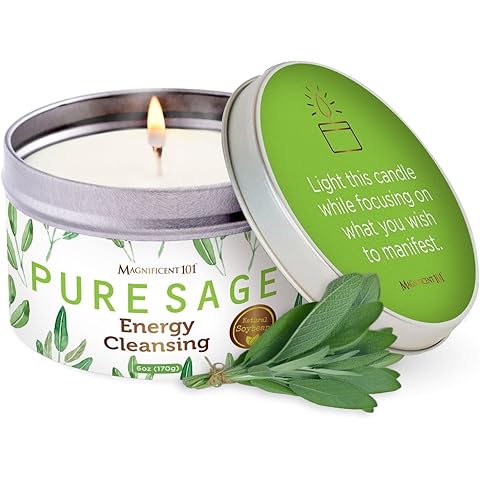 Magnificent 101 Long Lasting Pure White Sage Candle - 6 Oz - 35 Hour Burn Time - Organic, All Natural, Soy Candle to Cleanse Your Home & Calm, Soothe, Use with Sage Smudge Kit - Spiritual