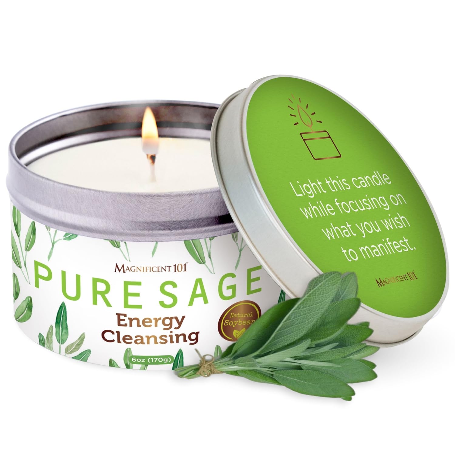 PURE SAGE MAGNIFICENT101 White Smudge Candle for Home Energy Cleansing, Banishes Negative Energy I Purification and Chakra Healing - Natural Soy Wax Tin Candle for Aromatherapy ( White )