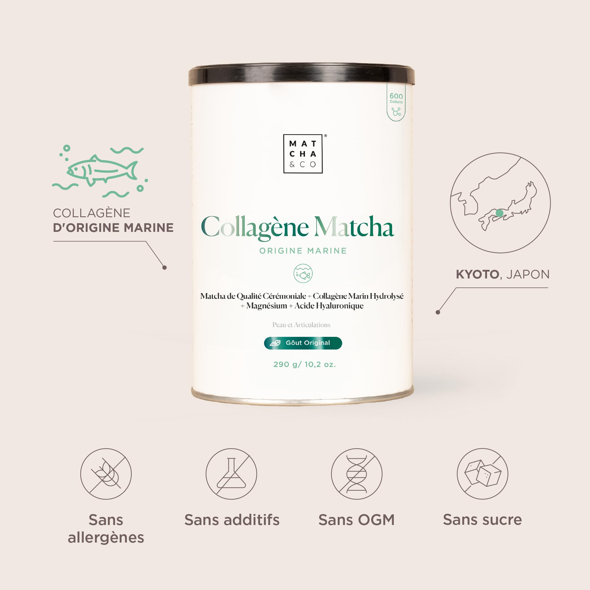 Matcha Collagène Marin en Poudre avec Magnésium et Acide Hyaluronique – Saveur Matcha Citron – Pour Articulations, Peau et Ongles – 296 g