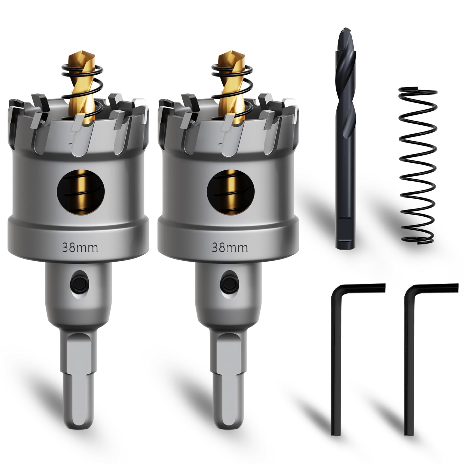 METOTY Metal Hole Saw 1-1/2''(38mm) 2Pcs Set Heavy Duty Tungsten Carbide Tipped Hole Cutters Set with a nitrided Step Drill and L-flench, for Steel