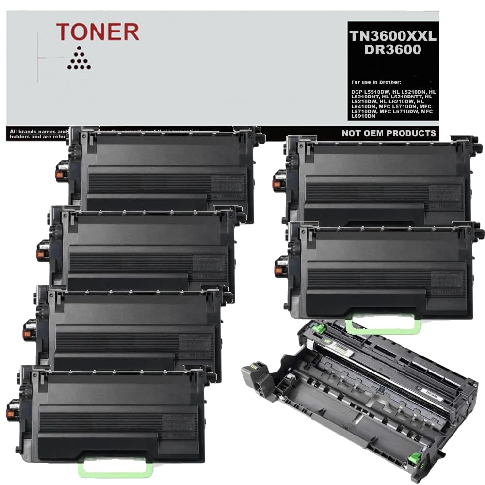 TN3600XXL / DR3600 Pack 6 Toner Negro y 1 Tambor Compatible con Brother TN3600XXL / DR3600