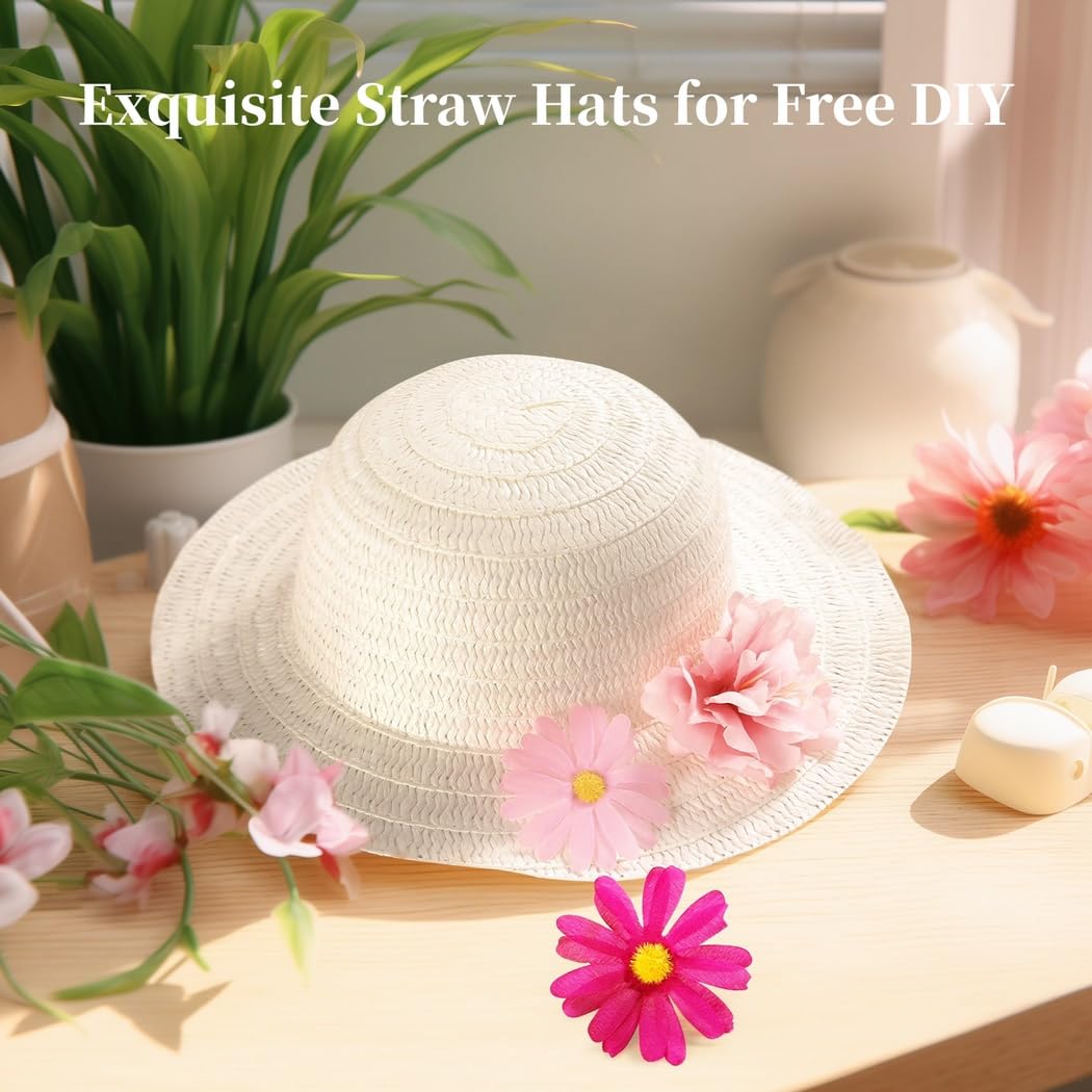 10 cappelli di paglia fai da te con 60 fiori artificiali, set per bambini e adulti, cappelli floreali creativi per travestimento