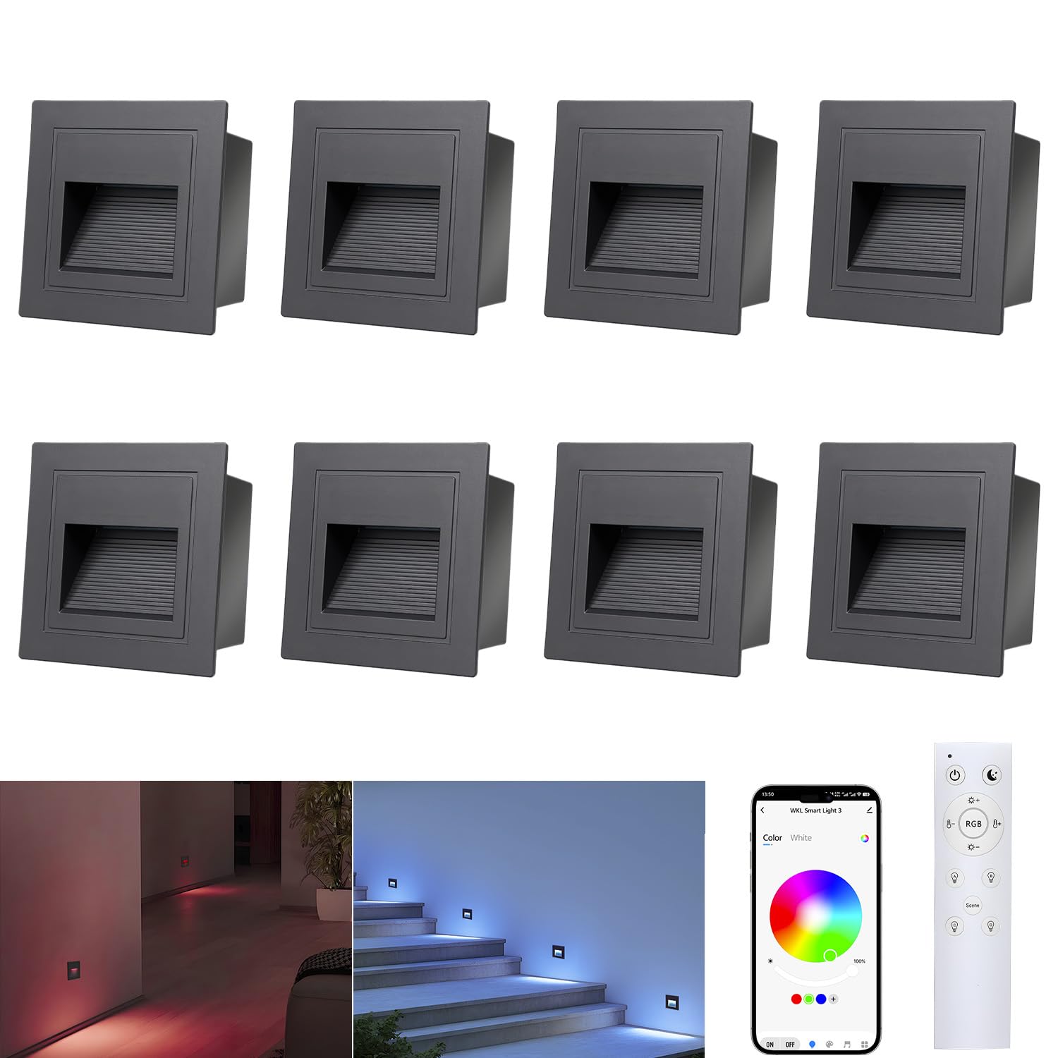 Arotelicht 8er LED Treppenbeleuchtung 230V RGB+WW+CW Bluetooth mit Fernbedienung, APP-Steuerung Treppenlicht 1.5W 68mm (Nicht-Standardgrößen-60mm) led Einbaustrahler IP44 Innen Außen Stufenlicht