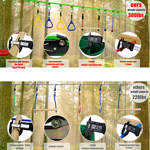 Gentle Booms Sports Ninja Warrior Line Hanging Obstacle Course for Kids Activities- 56ft Slackline Kit, Monkey Bar, Ninjaline Ladder, fist, Rings- Backyard Tree Training Equipment Outdoor Play Gym