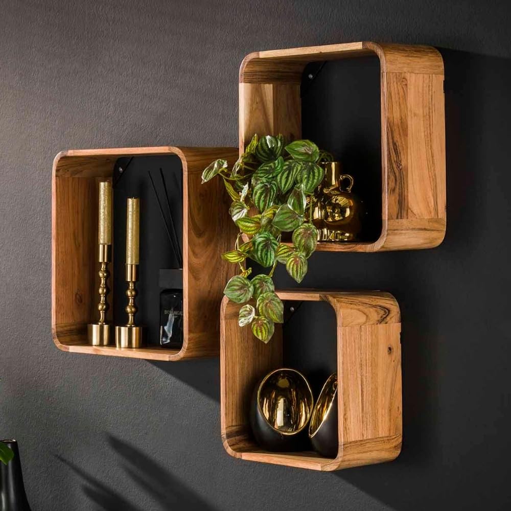 RINGO-Living Quadtratisches Regal Massivholz mit 3er Set, Hängende Kommode Hartholz, Wandregal Blumentopf Ablage mit Stauraum, Küchenregal Rund, Designer Wandregal Rund Dekoration Echtholz