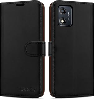 iCatchy for Motorola Moto E13 Case Leather Wallet Book Flip Folio Stand View Cover with Card Slots and Kickstand for Motorola Moto E13 Phone Cover (Black)