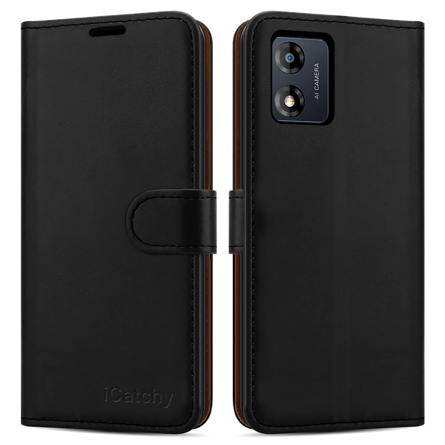 iCatchy for Motorola Moto E13 Case Leather Wallet Book Flip Folio Stand View Cover with Card Slots and Kickstand for Motorola Moto E13 Phone Cover (Black)