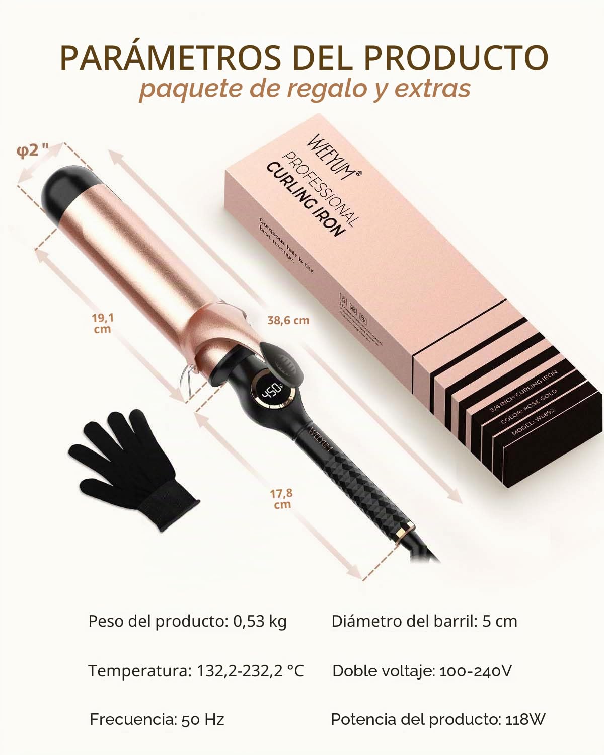 Curling Iron 2 pulgadas, varita de rizador grande para cabello, cerámica de barril largo, rizador de pelo de doble voltaje