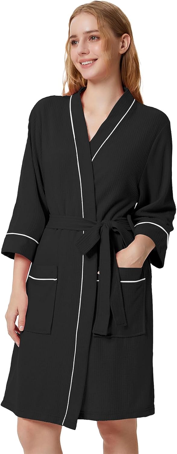 SIORO Waffle Knit Robe for Women, Short Kimono Lightweight Bathrobe with Pockets, 3/4 Sleeves Loungewear for Spa & Shower - Image 2