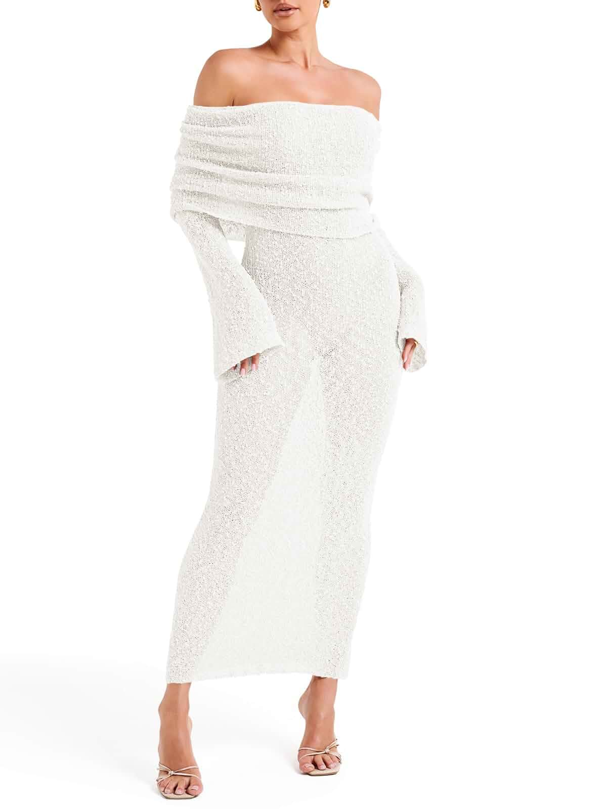 Saodimallsu Womens Off Shoulder Summer Maxi Dress Bell Long Sleeve Sexy Bodycon Strapless Sheer Beach Swimsuit Coverup