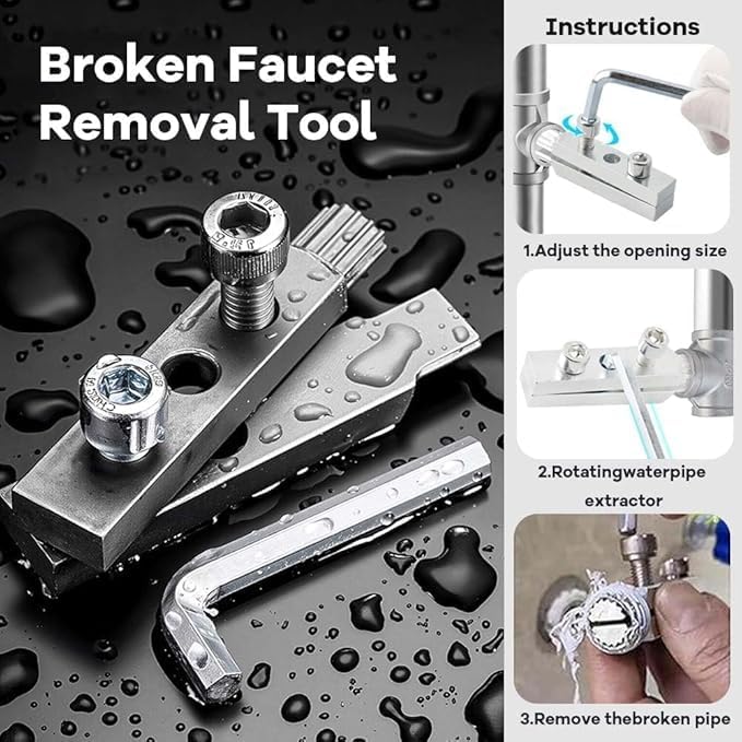 Image of Faucet Angle Valve Broken Wire Extractor,Adjustable Broken Pipe Extractor Universal Tool for Damaged Bolt and Faucet Remover for 1 /2 inch and 3 /4 inch in Stripped Thread, Stainless Steel