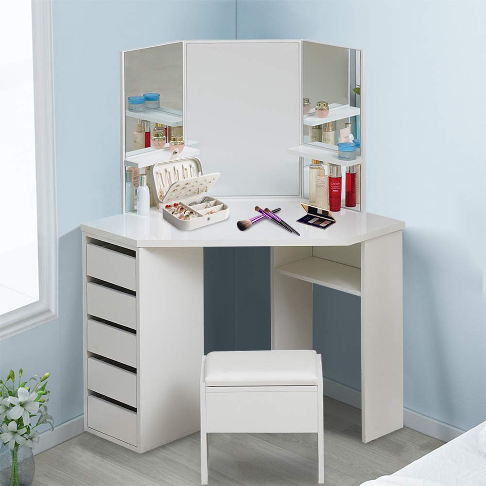 CLIPOP White Corner Dressing Table Set Modern Makeup Vanity Table with