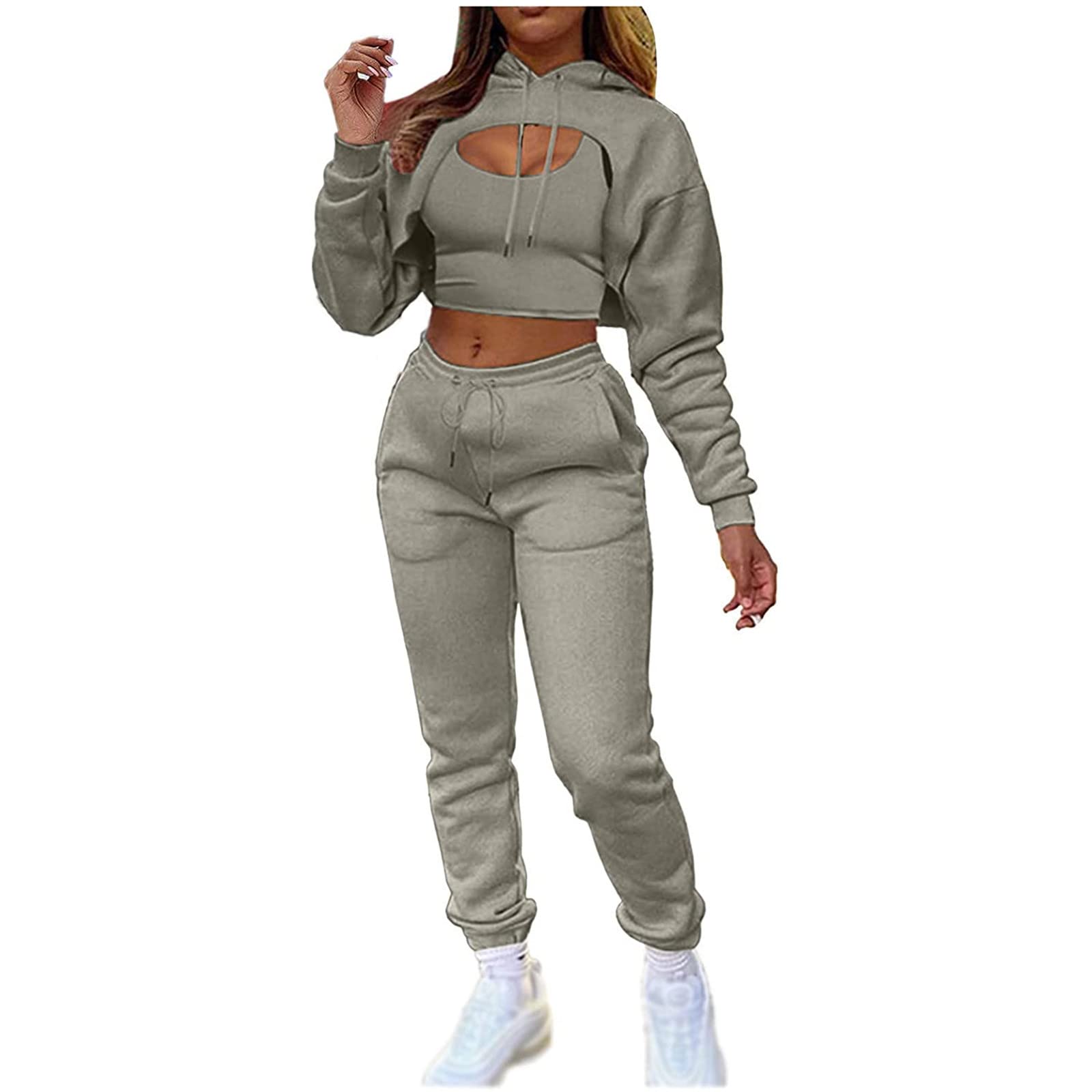Haoleiwomen Tracksuits Piece Outfit Hoodie Cropped Tank Tops