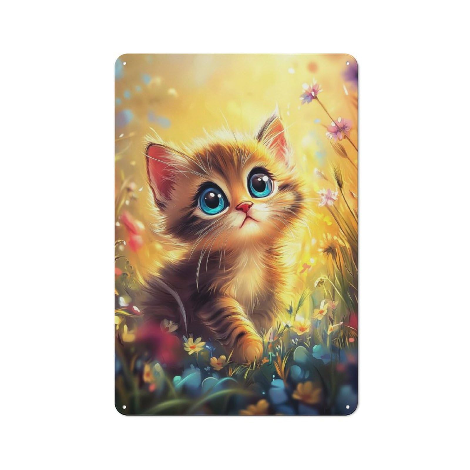 Junmoney Style-1 Kitten In A Meadow Cottage Style Metal Wall Decor 30X20cm, Decorative Tin Sign For Cottage, Kitchen, Hallway Or Breakfast Nook