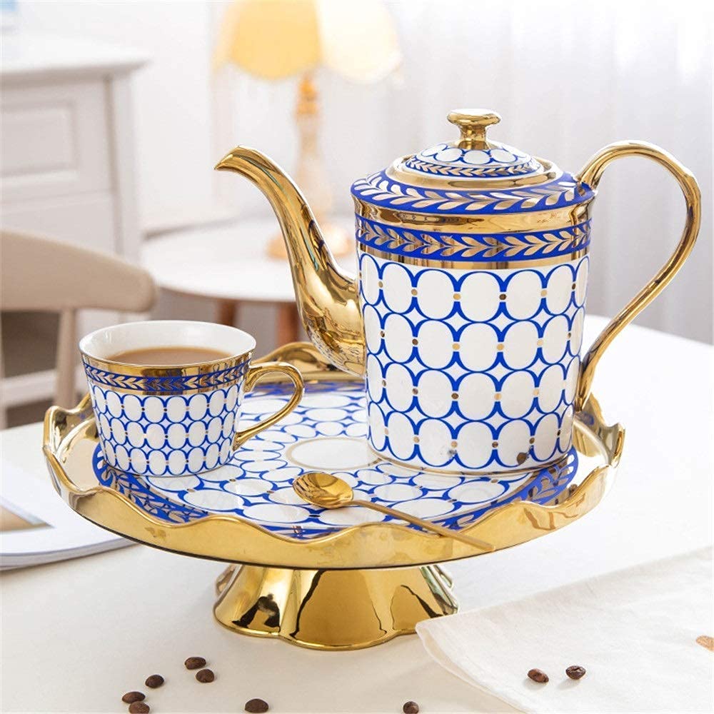 Juego de Tazas de té y café de cerámica con diseño Enrejado y Detalles Dorados. Incluye 6 Tazas de té con Bandeja giratoria (Juego de 14 Tazas Azules).