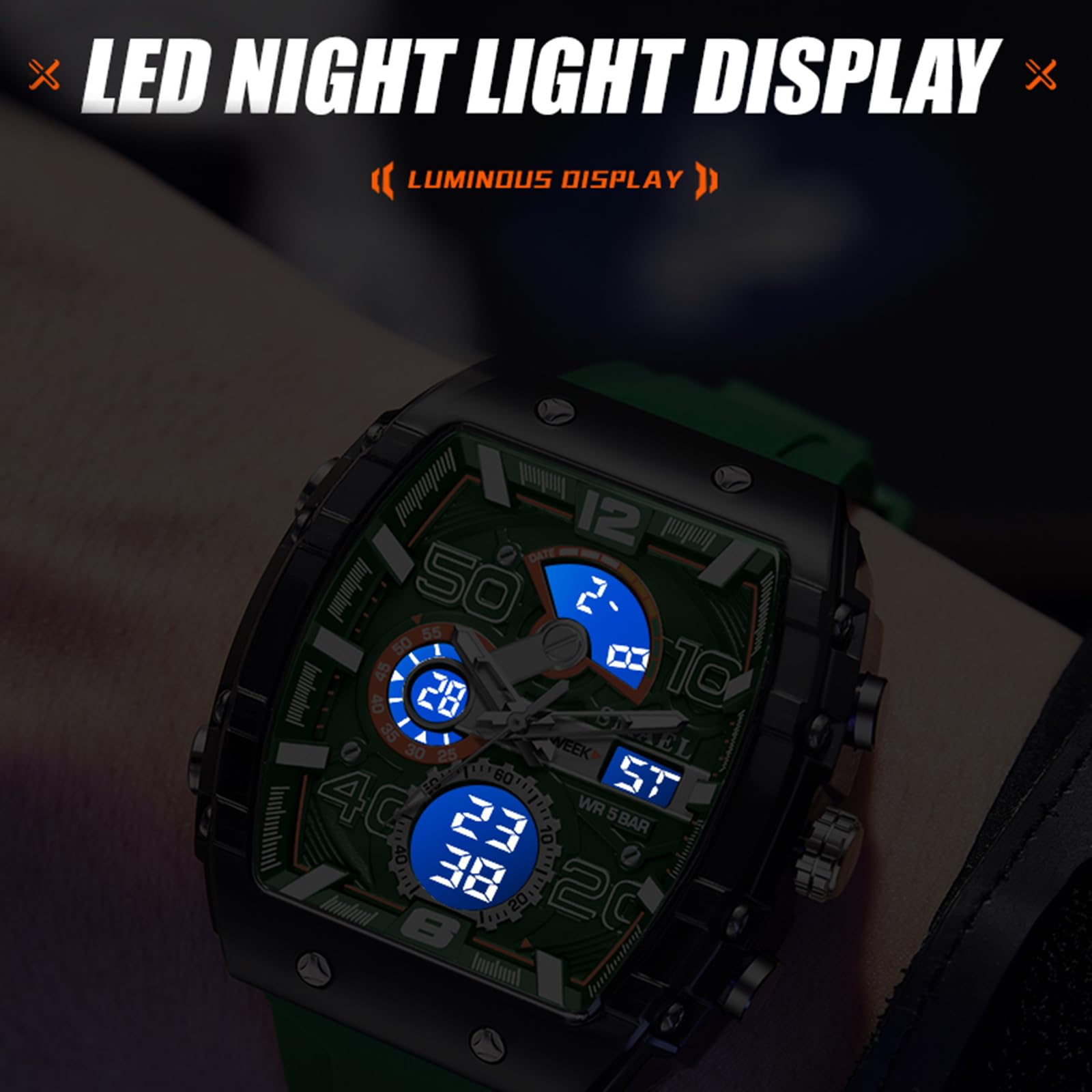 findtime Reloj digital para hombre, rectangular, deportivo, digital, analógico, cronómetro, militar, para niños, para exteriores, 5 ATM, resistente al agua, deportiva